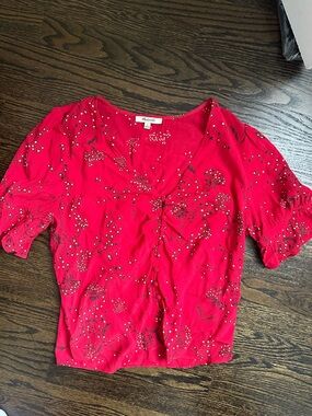 Madewell Bright Red Short Sleeve V-Neck Floral Blouse
